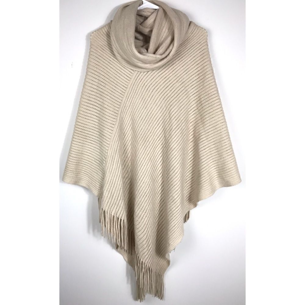 Cream Cowl Neck Fringed Poncho size small medium